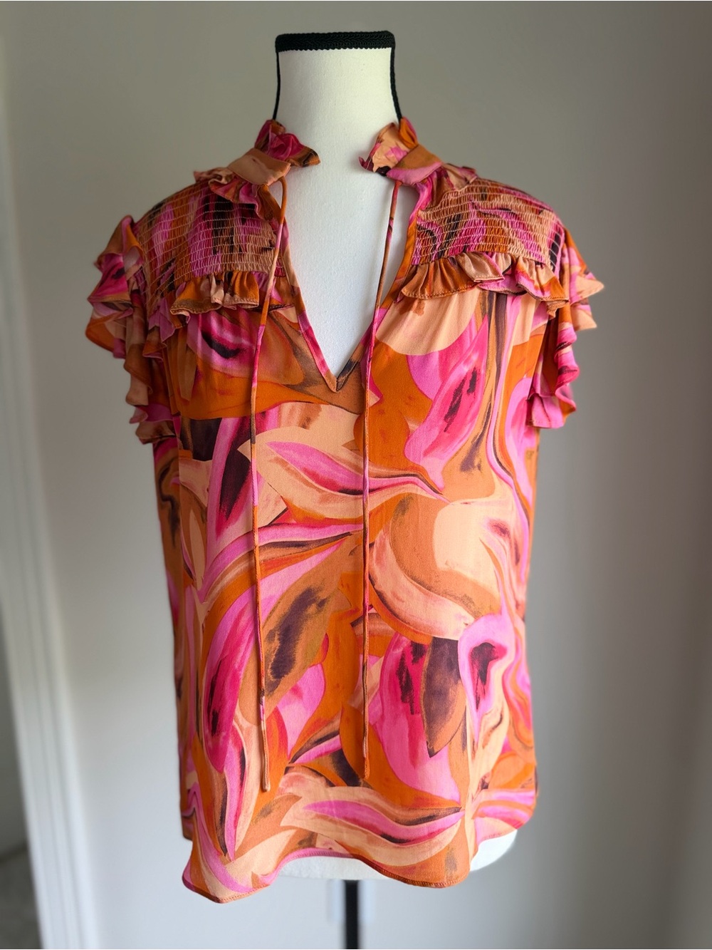 Pink & Orange Ruffle V-Neck Printed Blouse